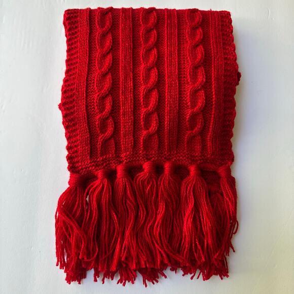 Aris Cable Knit Fringe Scarf Women’s One Size 70x8, Red - Picture 7 of 9